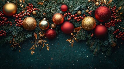 A joyful winter scene featuring lush evergreen branches adorned with sparkling red and gold Christmas ornaments, perfect for holiday promotions, greeting cards, and festive decor.