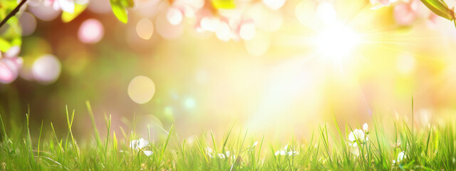 Obraz premium bright and vibrant spring landscape with sunlight shining through blooming flowers and lush green grass, creating cheerful atmosphere