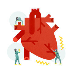 Poster. Contemporary art collage. Large red anatomical heart with three miniature workers in green uniforms cleaning and inspecting its surface. Concept of healthcare, cardiovascular, emergency. Ad