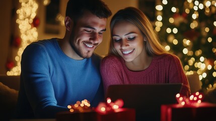 Bright Christmas lights and charming gifts set the backdrop as a cheerful couple engrossed in online shopping at home, encapsulating festive joy and togetherness.