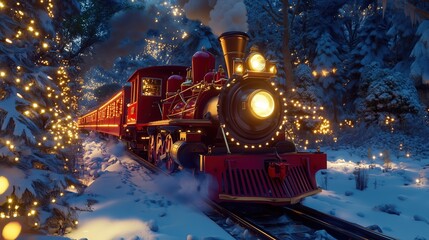 Magical Holiday Train Driving Through a Snowy Forest, Illuminated by Festive Lights