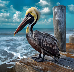 Photograph of a pelican standing on a wooden pier