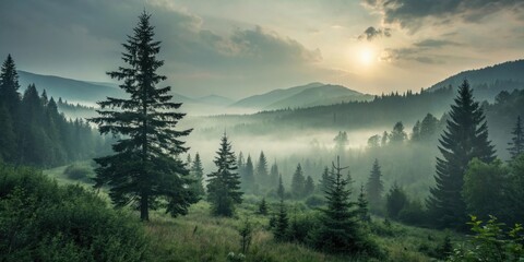 Misty landscape with fir forest in the morning 