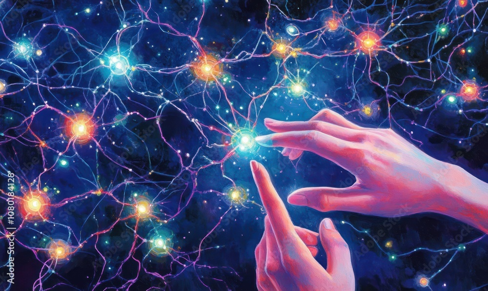 Aufkleber Hands reaching towards a network of glowing neurons in a cosmic background.