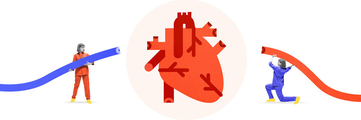 Poster. Contemporary art collage. People in colorful uniforms hold large tubes, blue and red, connected t abstract red heart. Concept of human healthcare, cardiovascular, emergency, medicine. Ad