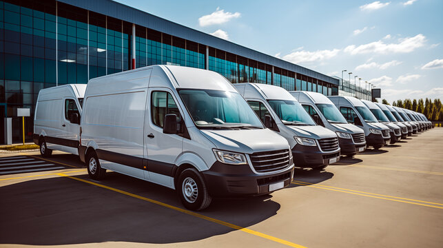 Fleet management background with different white commercial vans on car dealership parking.