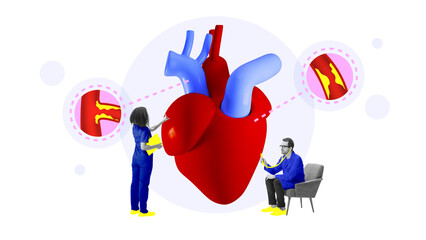 Poster. Contemporary art collage. Red and blue 3Dheart with doctors examining its structure and close-ups showing artery details. Concept of human healthcare, cardiovascular, emergency, medicine. Ad