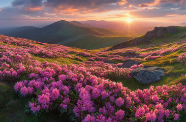 breathtaking landscape featuring vibrant pink flowers in lush valley, with mountains in background and stunning sunset illuminating sky
