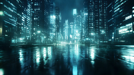 futuristic dark cityscape at night with neon lights reflecting on wet streets, creating vibrant and moody atmosphere