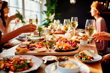 Un grupo de amigos disfrutando de canapés con temas navideños en una mesa elegante, con las manos extendidas brindando con champagne. Celebraciones en familia.