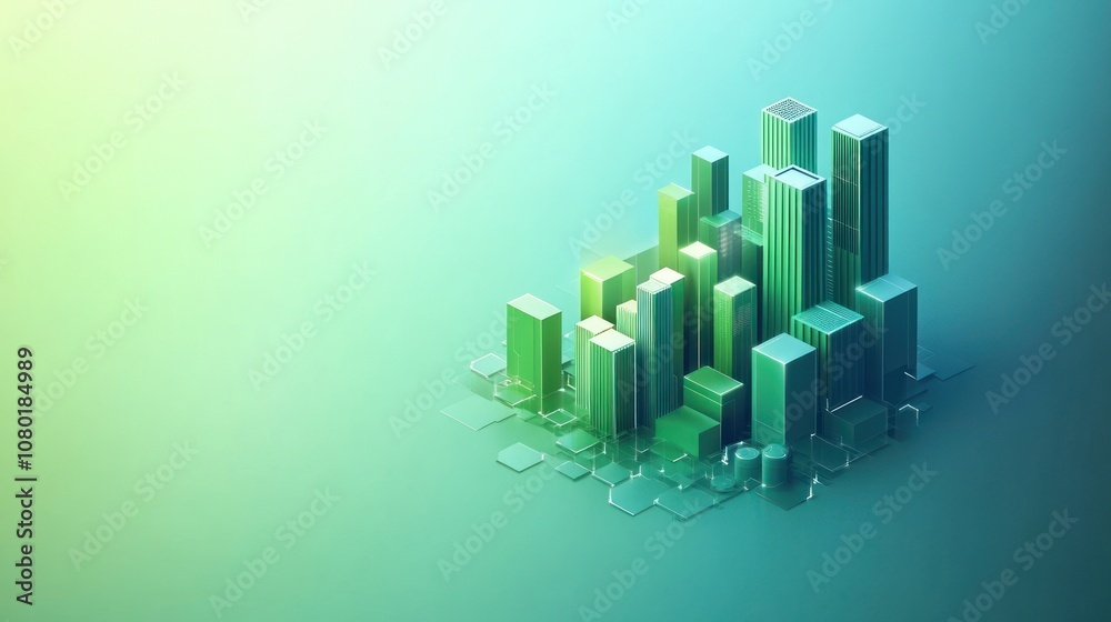 Poster abstract representation of a modern cityscape with green tones and geometric shapes.