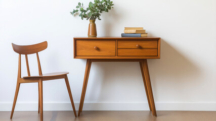 Stylish Mid-Century Modern Console Table With Drawers and a Charming Chair by the Wall