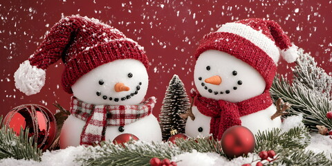 Two snowmen and christmas decorations on red background wallpaper with fake snow