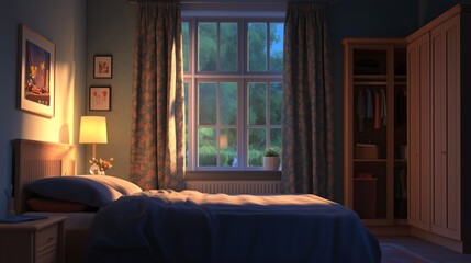 A cozy bedroom at dusk with a neatly made bed, framed art, and soft light illuminating the serene interior space. Generative AI