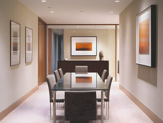 Fototapeta premium modern conference room featuring sleek glass table surrounded by stylish chairs, illuminated by soft lighting. walls are adorned with abstract art, creating sophisticated atmosphere