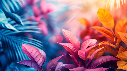 The summer background, the colorful tropical leaves, the artistic palm tree wallpaper, the colorful tropical leaves of the season