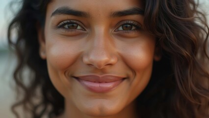 Fototapeta premium Smiling indian woman pretty face looking at camera, closeup portrait.