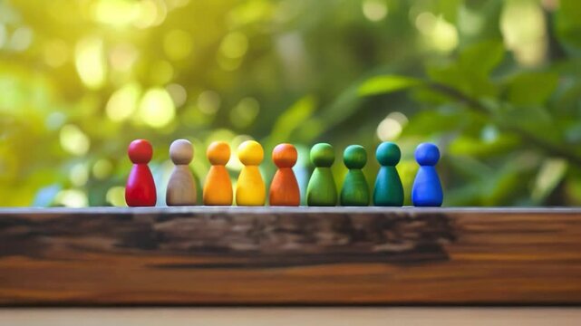 Wooden figurines difference color representing people social inclusion, diversity and solidarity