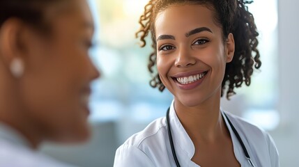 Fototapeta premium A healthcare professional smiles brightly while interacting with a patient, embodying warmth and attentiveness in a modern medical environment filled with natural light.