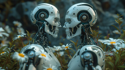 Fototapeta premium An artificial intelligence robot accompanied by small, vibrant white flowers, blending technology and nature in a harmonious and futuristic setting.