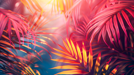 Obraz premium The summer background, the colorful tropical leaves, the artistic palm tree wallpaper, the colorful tropical leaves of the season