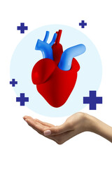Poster. Contemporary art collage. 3D red heart with blue arteries floating above open hand, surrounded by plus signs. Concept of human healthcare, cardiovascular, emergency, medicine. Ad