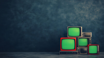 Stack of vintage televisions with green screens against textured wall, evoking nostalgia and retro aesthetics