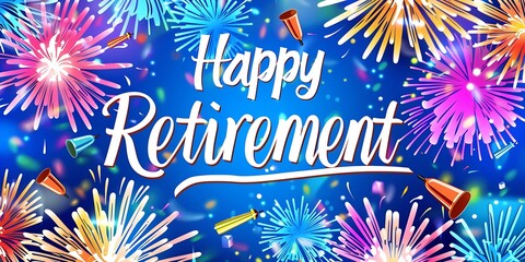 A vibrant graphic celebrating retirement with colorful fireworks and the phrase "Happy Retirement" prominently displayed against a blue background.