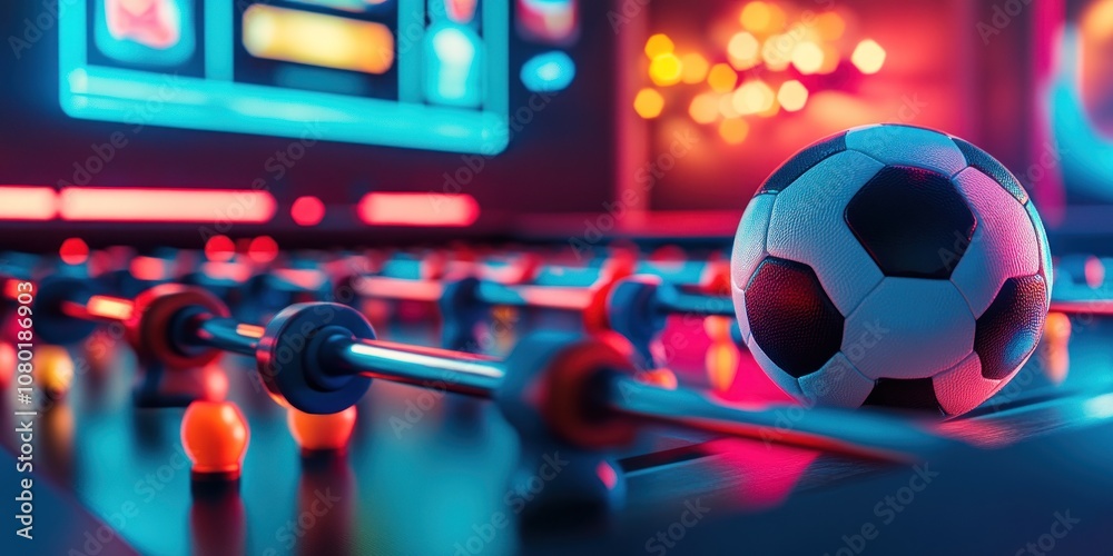 Poster a close-up of a foosball table with a soccer ball and colorful lighting.
