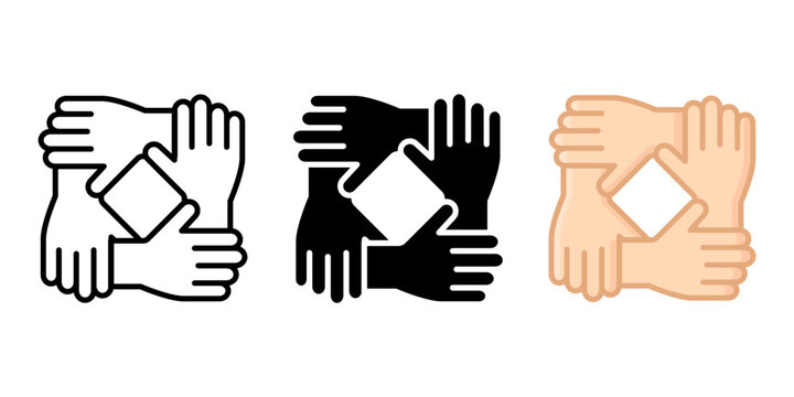 Four hands holding together color icon. Teamwork symbol. Solidarity and unity sign. Partnership pictogram. Charity organization and donation community illustration.