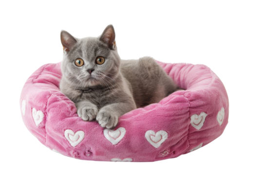 Gray cat resting comfortably in a pink heart-patterned pet bed, isolated on white background.