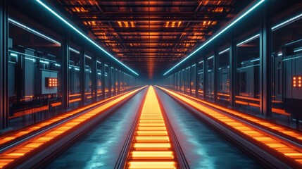 Obraz premium Futuristic neon lit industrial corridor with glowing orange pathway.