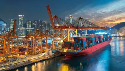 Busy port with large cargo ship loading colorful containers under a bright blue sky