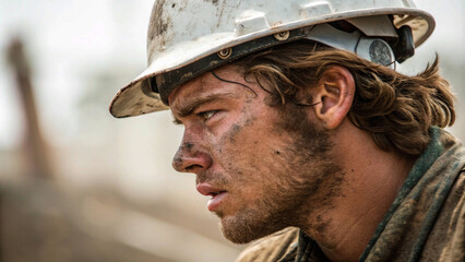 Fototapeta premium Close-Up Portrait of a Dirty Construction Worker with a dirty Helmet, Reflecting Strength and Determination Construction worker clad in a hard hat surveys the work ahead.”