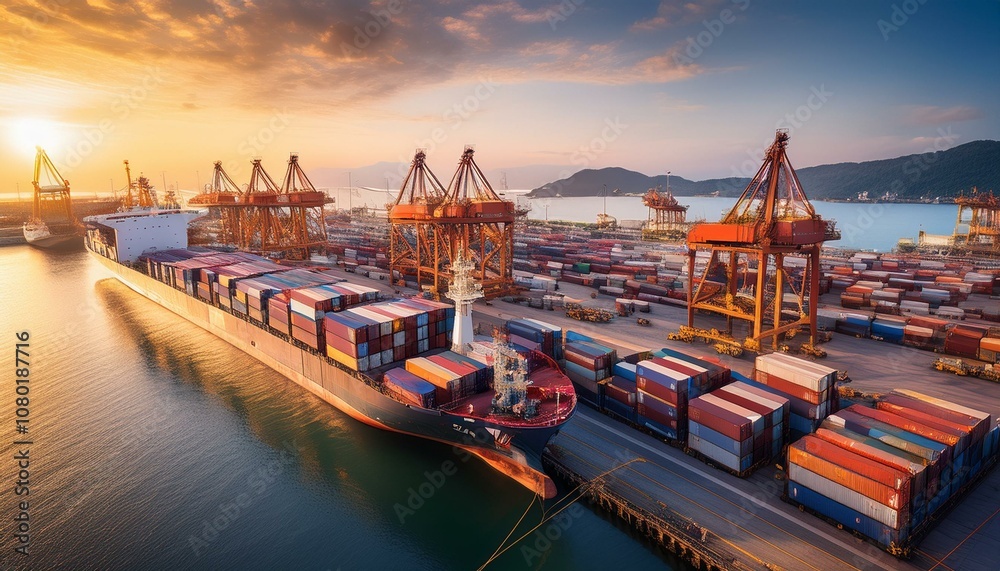 Wall mural Busy port with large cargo ship loading colorful containers under a bright blue sky