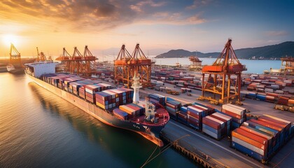 Naklejka premium Busy port with large cargo ship loading colorful containers under a bright blue sky