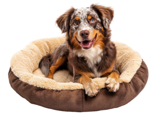Happy dog lounging in a cozy bed with a cheerful expression cut out transparent isolated PNG.
