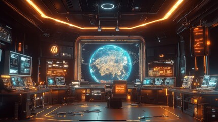 Naklejka premium Futuristic spaceship bridge with a view of Earth.