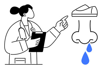 Doctor with clipboard pointing at a nose with blue droplets symbolizing a runny nose. Ideal for medical, healthcare, allergies, sinus issues, diagnostics, patient care, educational content. Line