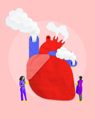 Poster. Contemporary art collage. Stylized red heart emitting smoke with two people observing it,...
