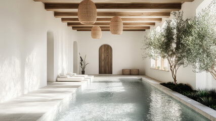 Fototapeta premium Experience Serenity in a Minimalist Pool Area Embraced by Warm Wood and Elegant Design Elements