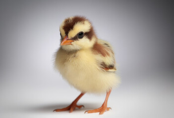 Fluffy newborn chick standing alone. Professional animal photography with a white background.