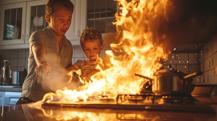 In a kitchen filled with an orange glow, a parent and child respond urgently to flames bursting from the stovetop, emphasizing the importance of kitchen safety while cooking.