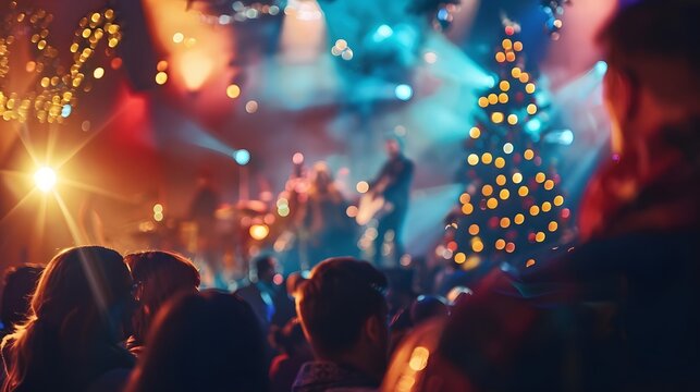 A festive concert scene with a decorated Christmas tree and colorful lights.