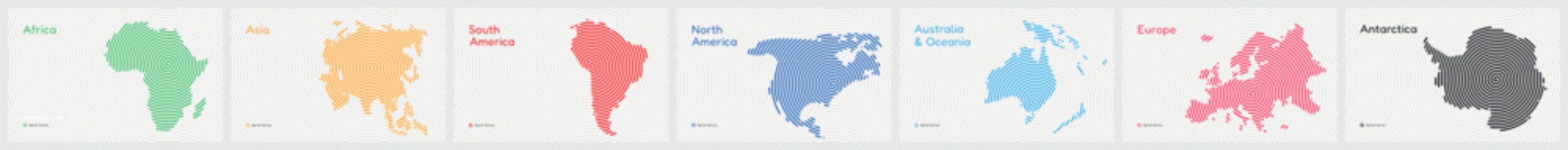 Vector Map Set of 7 Continents in a Spiral Circular Pattern: Asia, Africa, Europe, South America, North America, Australia and Oceania, Antarctica © Владимир Тюрин