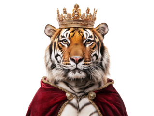 Majestic tiger wearing a royal crown and a cape, symbolizing strength and power, isolated on a white background.