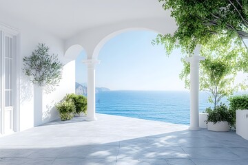 A beautiful terrace with white walls and a blue sea view Mediterranean landscape with a blue and green color scheme and a blue water surface