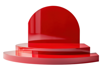 Modern red geometric shapes stacked creatively on a white background.