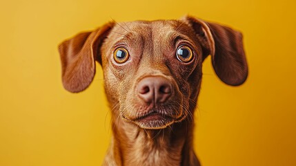 A Close-Up of a Dog's Face with Wide Eyes Against a Yellow Background