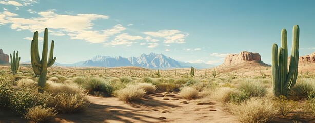 
A cinematic still of the Arizona desert, with cacti and mountains in the background